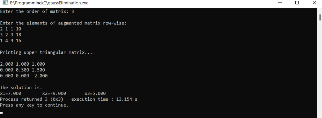 Gauss Elimination Method C Program Output