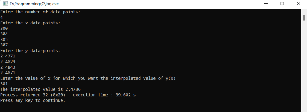 Lagrange's Interpolation Method Output