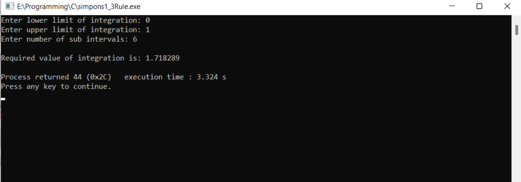 Simpson's 1/3rd rule output