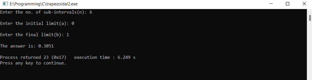 Trapezoidal Method Program Output