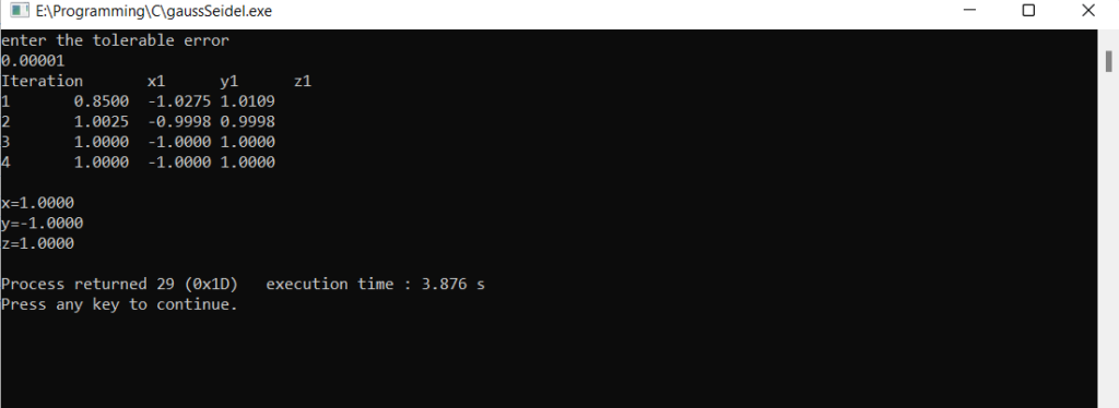 gauss-seidel method output