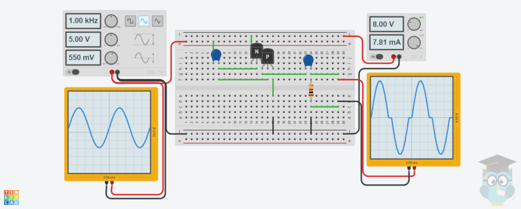 class b push pull amplifier tinkercad circuit