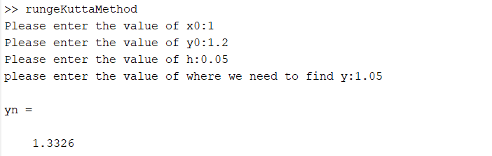 Runge-Kutta Method MATLAB Program Output