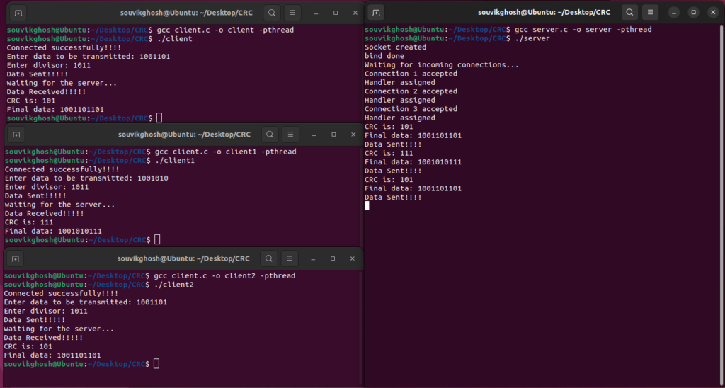 TCP socket programming multiclient CRC output