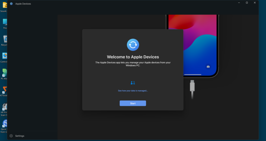 Welcome screen of the Apple Devices software